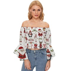 Christmas Characters Pattern Off Shoulder Flutter Bell Sleeve Top by Sarkoni
