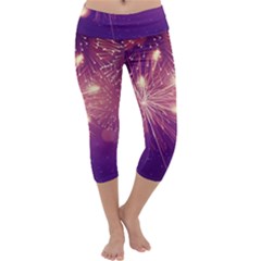 Fireworks On A Purple With Fireworks New Year Christmas Pattern Capri Yoga Leggings by Sarkoni