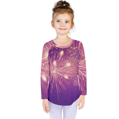 Fireworks On A Purple With Fireworks New Year Christmas Pattern Kids  Long Sleeve T-shirt by Sarkoni