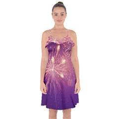 Fireworks On A Purple With Fireworks New Year Christmas Pattern Ruffle Detail Chiffon Dress