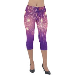 Fireworks On A Purple With Fireworks New Year Christmas Pattern Lightweight Velour Capri Leggings  by Sarkoni