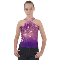 Fireworks On A Purple With Fireworks New Year Christmas Pattern Cross Neck Velour Top by Sarkoni