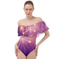 Fireworks On A Purple With Fireworks New Year Christmas Pattern Off Shoulder Velour Bodysuit  by Sarkoni