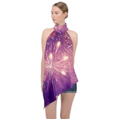 Fireworks On A Purple With Fireworks New Year Christmas Pattern Halter Asymmetric Satin Top by Sarkoni