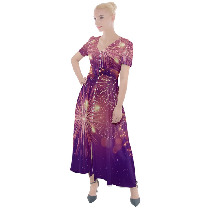 Fireworks On A Purple With Fireworks New Year Christmas Pattern Button Up Short Sleeve Maxi Dress
