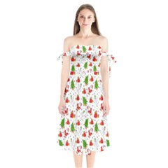 Christmas Santa Pattern Tree Shoulder Tie Bardot Midi Dress