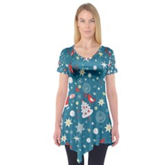 Christmas Pattern Santa Blue Short Sleeve Tunic 