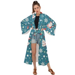 Christmas Pattern Santa Blue Maxi Kimono