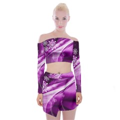 Purple Abstract Merry Christmas Xmas Pattern Off Shoulder Top With Mini Skirt Set