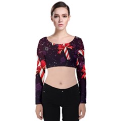 Christmas Lollipop Bowknot Celebrations Velvet Long Sleeve Crop Top by Sarkoni