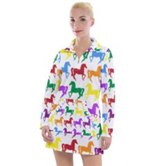 Colorful Horse Background Wallpaper Women s Long Sleeve Casual Dress