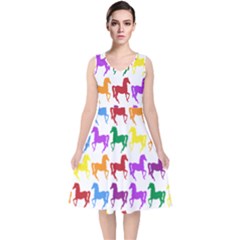 Colorful Horse Background Wallpaper V-Neck Midi Sleeveless Dress 