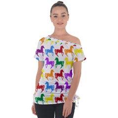 Colorful Horse Background Wallpaper Off Shoulder Tie-Up T-Shirt