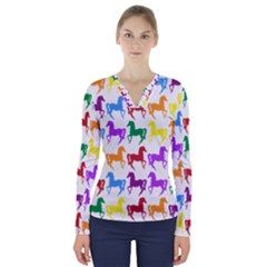 Colorful Horse Background Wallpaper V-Neck Long Sleeve Top