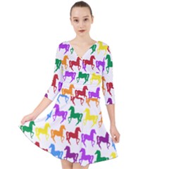 Colorful Horse Background Wallpaper Quarter Sleeve Front Wrap Dress