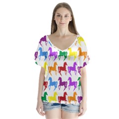 Colorful Horse Background Wallpaper V-Neck Flutter Sleeve Top