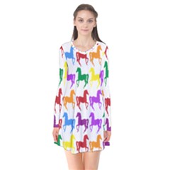 Colorful Horse Background Wallpaper Long Sleeve V-neck Flare Dress