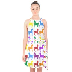 Colorful Horse Background Wallpaper Halter Collar Waist Tie Chiffon Dress