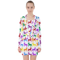 Colorful Horse Background Wallpaper V-neck Bodycon Long Sleeve Dress by Amaryn4rt