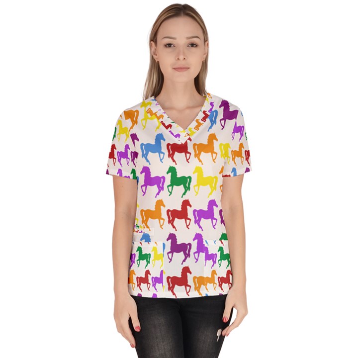 Colorful Horse Background Wallpaper Women s V-Neck Scrub Top