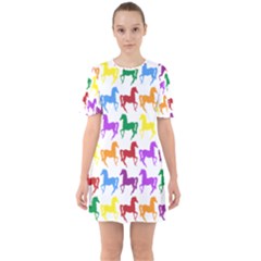Colorful Horse Background Wallpaper Sixties Short Sleeve Mini Dress