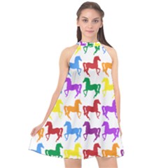 Colorful Horse Background Wallpaper Halter Neckline Chiffon Dress 