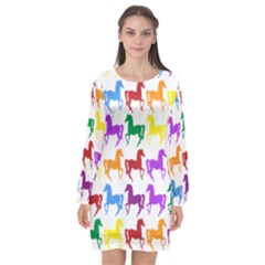 Colorful Horse Background Wallpaper Long Sleeve Chiffon Shift Dress 