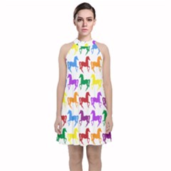 Colorful Horse Background Wallpaper Velvet Halter Neckline Dress 