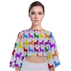 Colorful Horse Background Wallpaper Tie Back Butterfly Sleeve Chiffon Top