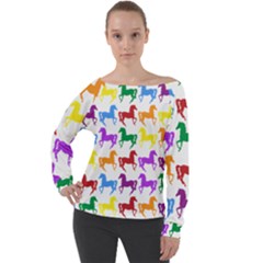 Colorful Horse Background Wallpaper Off Shoulder Long Sleeve Velour Top