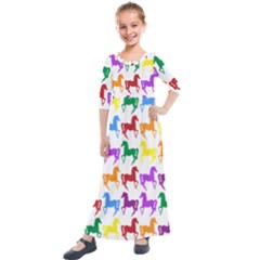 Colorful Horse Background Wallpaper Kids  Quarter Sleeve Maxi Dress