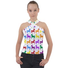 Colorful Horse Background Wallpaper Cross Neck Velour Top