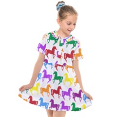 Colorful Horse Background Wallpaper Kids  Short Sleeve Shirt Dress