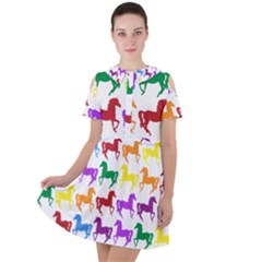 Colorful Horse Background Wallpaper Short Sleeve Shoulder Cut Out Dress 