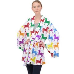Colorful Horse Background Wallpaper Long Sleeve Velvet Kimono 