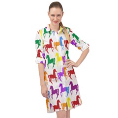 Colorful Horse Background Wallpaper Long Sleeve Mini Shirt Dress