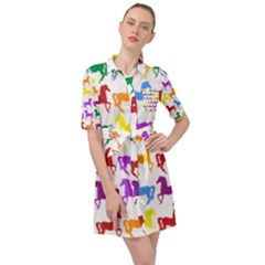 Colorful Horse Background Wallpaper Belted Shirt Dress