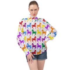 Colorful Horse Background Wallpaper High Neck Long Sleeve Chiffon Top