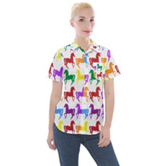 Colorful Horse Background Wallpaper Women s Short Sleeve Pocket Shirt