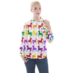 Colorful Horse Background Wallpaper Women s Long Sleeve Pocket Shirt