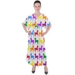 Colorful Horse Background Wallpaper V-neck Boho Style Maxi Dress
