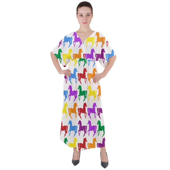 Colorful Horse Background Wallpaper V-Neck Boho Style Maxi Dress