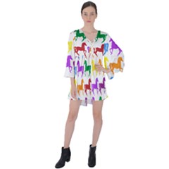 Colorful Horse Background Wallpaper V-Neck Flare Sleeve Mini Dress