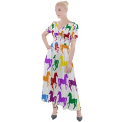 Colorful Horse Background Wallpaper Button Up Short Sleeve Maxi Dress