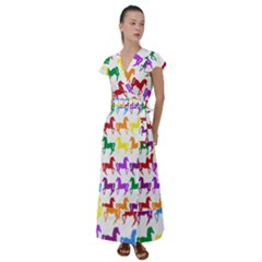 Colorful Horse Background Wallpaper Flutter Sleeve Maxi Dress