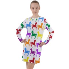 Colorful Horse Background Wallpaper Long Sleeve Hoodie Dress
