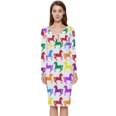 Colorful Horse Background Wallpaper Long Sleeve V-Neck Bodycon Dress 