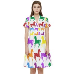 Colorful Horse Background Wallpaper Short Sleeve Waist Detail Dress