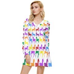 Colorful Horse Background Wallpaper Tiered Long Sleeve Mini Dress