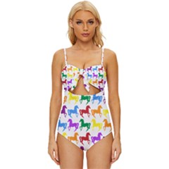 Colorful Horse Background Wallpaper Knot Front One-piece Swimsuit by Amaryn4rt